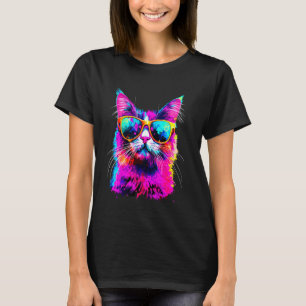 Camiseta Gato Colorido Com Óculos de Sol Arte Animal