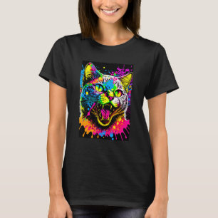 Camiseta Gato Colorido com Tinta Salpicada Estilo Anos 80