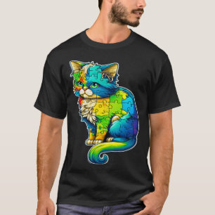 Camiseta Gato Colorido de Apoio à Conscientização do Autism