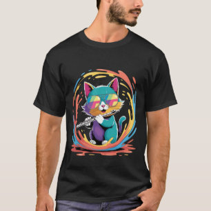 Camiseta Gato Colorido Divertido Usando Óculos de Sol Gato