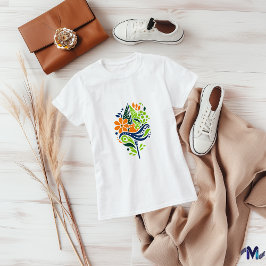 Camiseta Gato Colorido e Arte Abstrata Floral