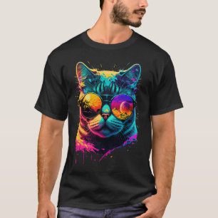 Camiseta Gato colorido usando gráfico de óculos