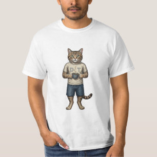Camiseta Gato Colorido Vintage Bebendo Café Arte Animal Ret