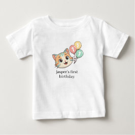 Camiseta Gato com 3 Balões Azuis 1º Aniversário
