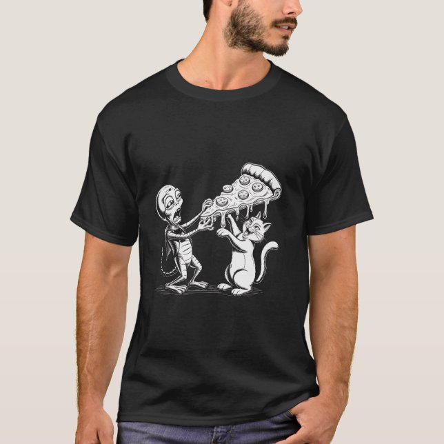 Camiseta Gato Com Alien Comendo Pizza Espaço Divertido Mulh (Frente)