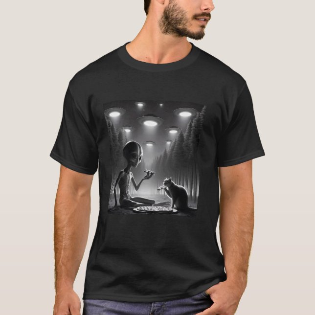 Camiseta Gato Com Alien Comendo Pizza Gato Engraçado E Meme (Frente)