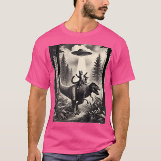 Camiseta Gato Com Alienígena Dinossauro T-Rex. Cat e Ufo