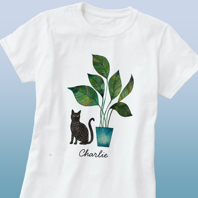 Camiseta Gato com Aquarela Vegetal Personalizada (Personalized name watercolor cat with houseplant art t-shirt)