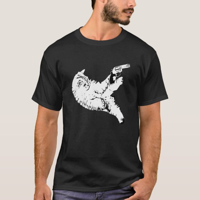 Camiseta Gato Com Arma Engraçado Kitty Arma Amantes de Anim (Frente)