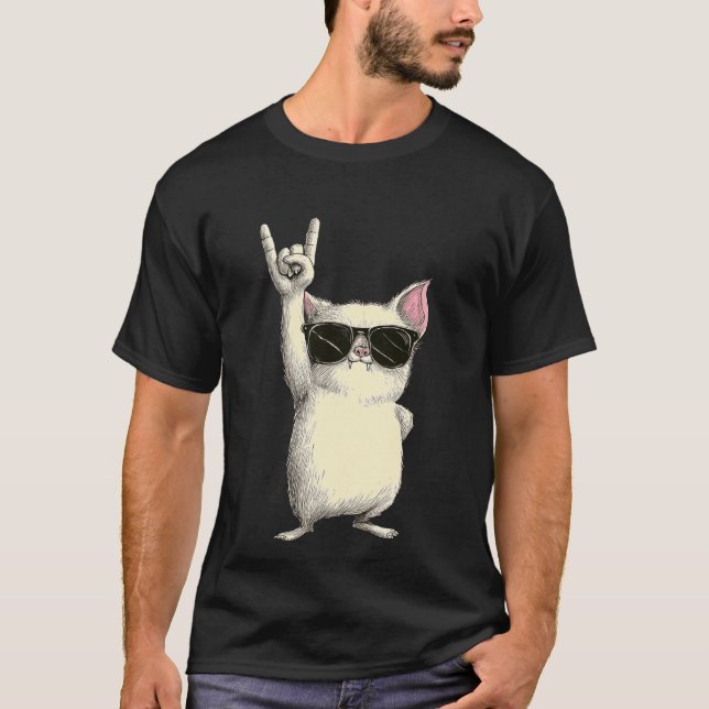 Camiseta Gato com Atitude de Rock com Óculos de Sol (Frente)