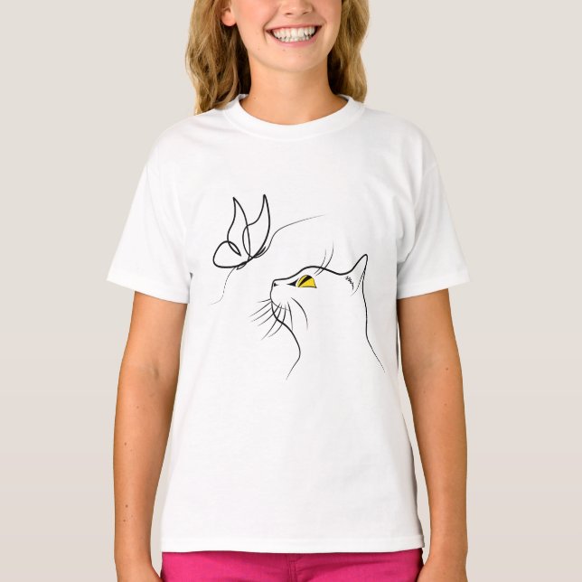 Camiseta Gato com borboleta Abstrato Minimalística (Frente)