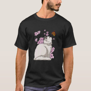 Camiseta Gato Com Borboleta Flor De Cerejeira Sakura Japone