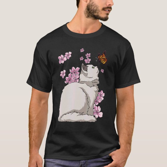 Camiseta Gato com Borboleta Sakura Chersom Japonês (Frente)