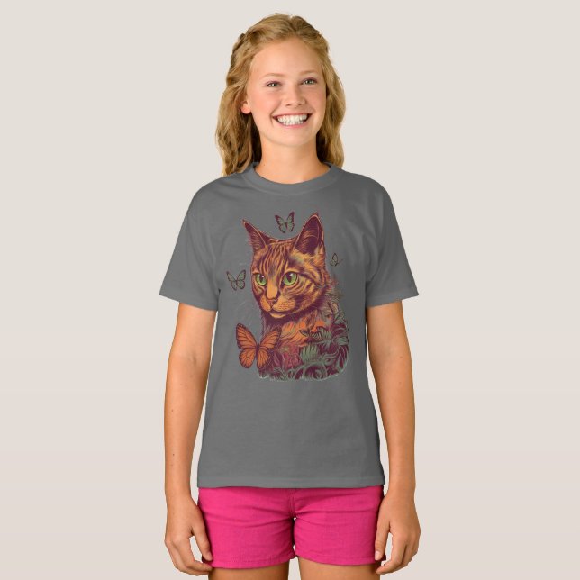 Camiseta Gato com Borboletas Monarcas (Frente Completa)