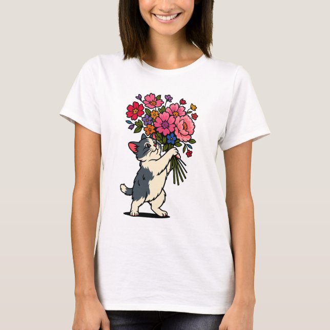Camiseta Gato com Buquê de Flores Brilhantes (Frente)