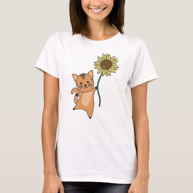 Camiseta Gato Com Cachorros De Girassol Para Crianças (Frente)