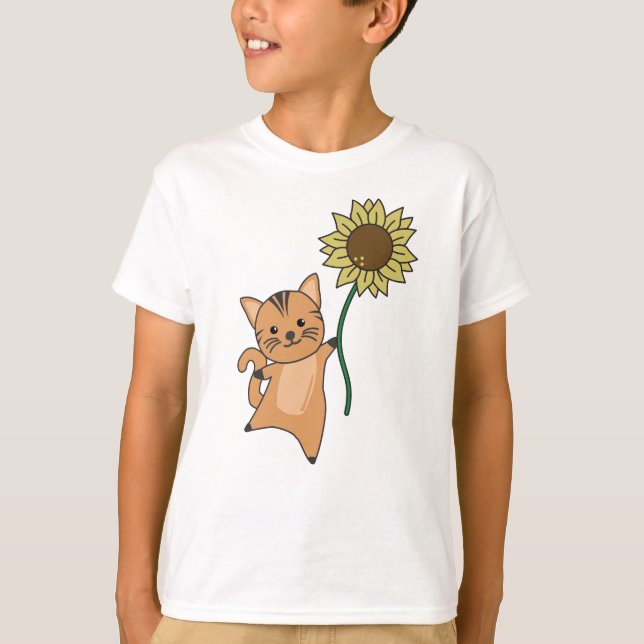 Camiseta Gato Com Cachorros De Girassol Para Crianças (Frente)