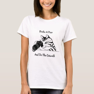 Camiseta Gato Com Câmera Preta E Branca