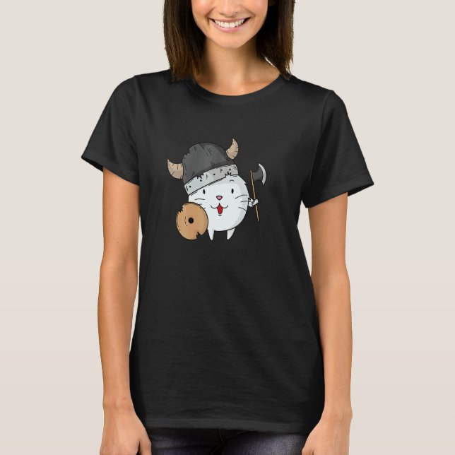 Camiseta Gato Com Capacete Viking Machado E Escudo (Frente)