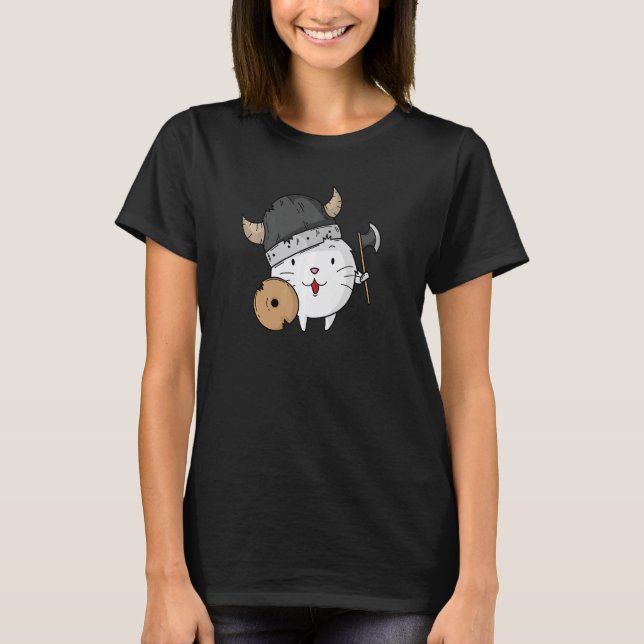 Camiseta Gato com Capacete Viking Machado e Escudo (Frente)