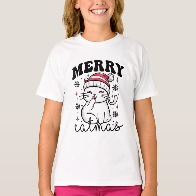 Camiseta Gato Com Catmas De Feliz De Feriado X-Mas De Santa (Frente)