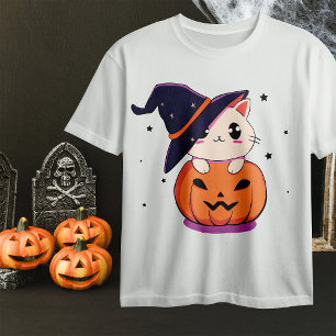 Camiseta Gato com chapéu de bruxa na abóbora de Halloween