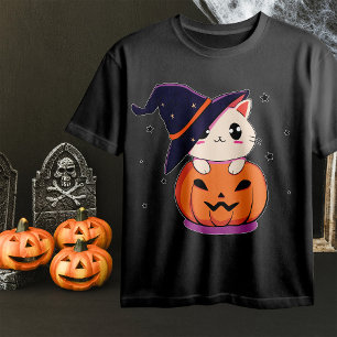 Camiseta Gato com chapéu de bruxa na abóbora de Halloween