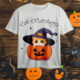 Camiseta Gato com chapéu de bruxa no Halloween Jack-O-Lante