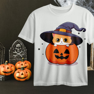 Camiseta Gato com chapéu de bruxa no Halloween Jack-O-Lante