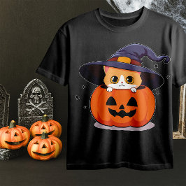 Camiseta Gato com chapéu de bruxa no Jack-O-Lantern de Hall