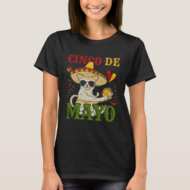 Camiseta Gato Com Chapéu Mexicano E Taco 5 Cinco De Mayo (Frente)