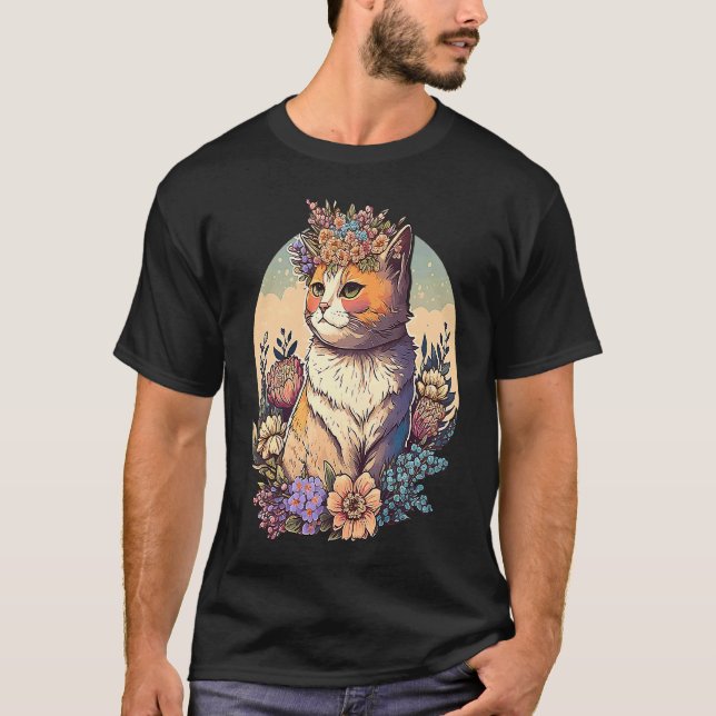 Camiseta Gato com coroa de flores 3 (Frente)