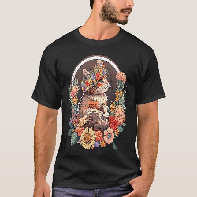 Camiseta Gato com coroa de flores 5 (Frente)