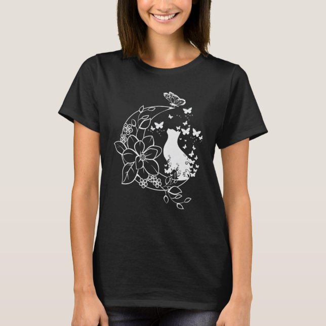 Camiseta Gato com crescente floral e borboletas. (Frente)