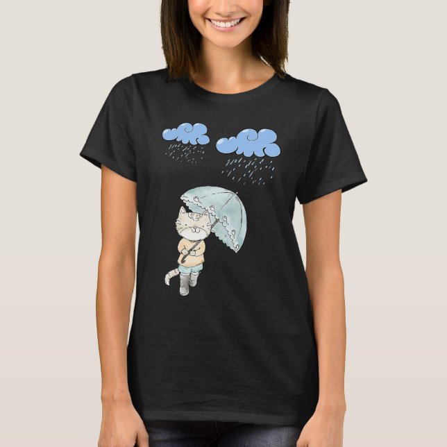Camiseta Gato Com Guarda-Chuva No Gato Da Chuva (Frente)