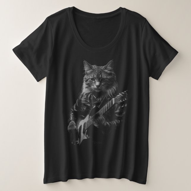 Camiseta Gato com Jaqueta de couro tocando violão elétrico (Frente do Design)