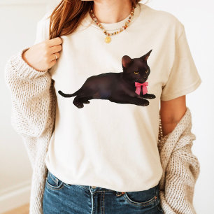 Camiseta Gato com laço estilo préppy, roupa coquete, Estilo