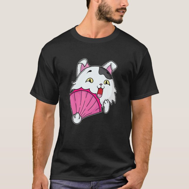Camiseta Gato Com Leque Rosa (Frente)