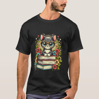 Camiseta Gato Com Livros & Flores Para Gato Fofo & Amante D