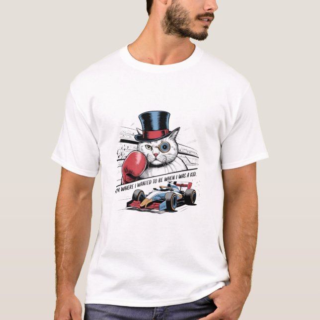 Camiseta Gato com Monóculo e Luvas de Boxe & Carro de Corri (Frente)