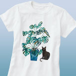 Camiseta Gato com Monstera Plant Watercolor<br><div class="desc">Pintura aquosa moderna de um gato preto sentado numa fábrica de Monstera Deliciosa ou de queijo suíço num pote azul turquesa. Arte original de Nic Squirrell. Excelente para amantes de gatos e plantas domésticas.</div>