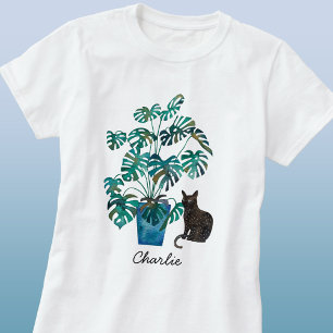 Camiseta Gato com Monstera Plant Watercolor Personalizado