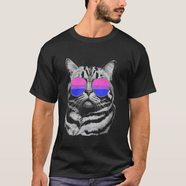 Camiseta Gato com Óculos de Sol Bi Pride LGBTQ (Frente)