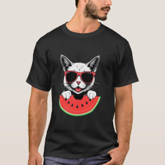 Camiseta Gato com Óculos de Sol Comendo Melancia Férias de 