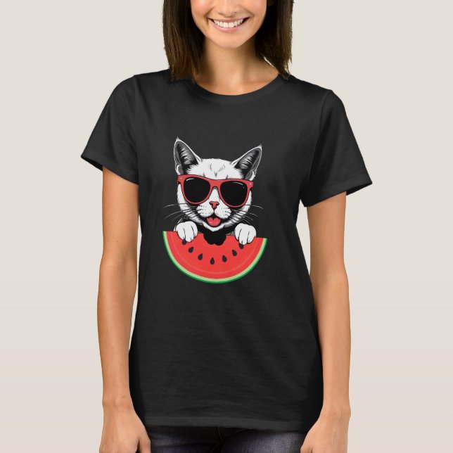Camiseta Gato com Óculos de Sol Comendo Melancia Férias de  (Frente)