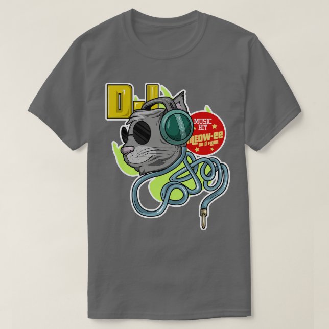Camiseta Gato com óculos de sol como DJ com fone de ouvido (Frente do Design)