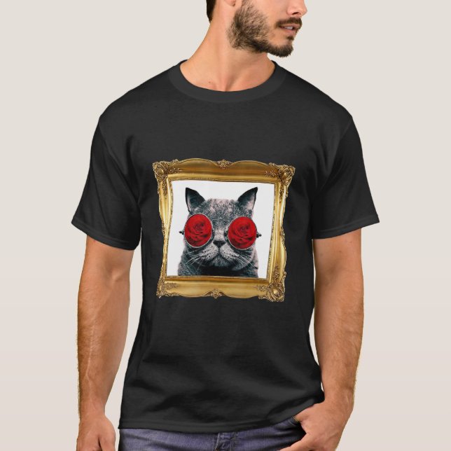 Camiseta Gato com Óculos de Sol de Flor de Rosas Vermelhas  (Frente)