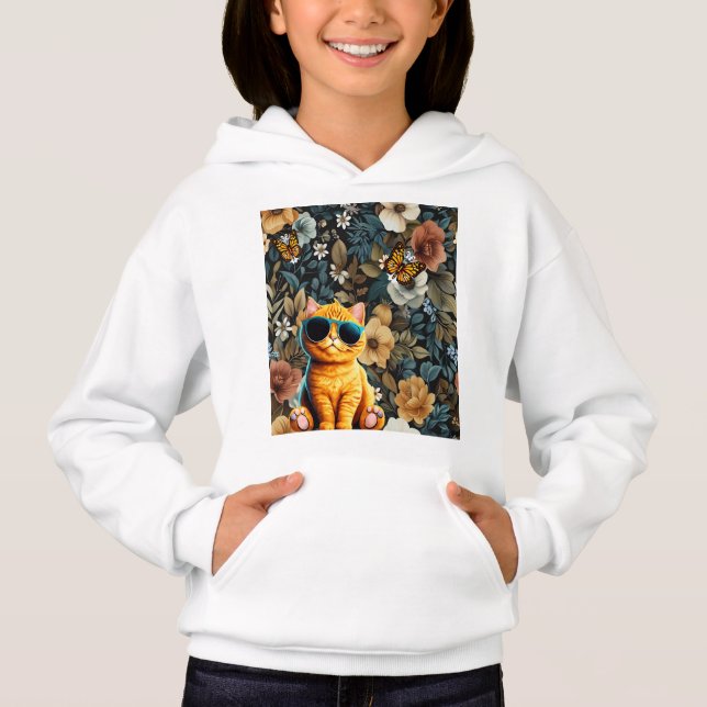 Camiseta Gato com óculos de sol e borboletas nas flores (Frente)