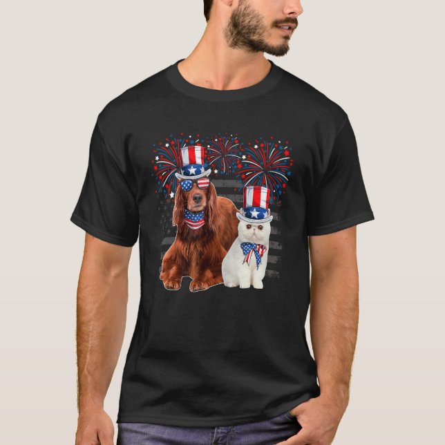 Camiseta Gato Com Óculos De Sol Irish Setter Bandeira Ameri (Frente)