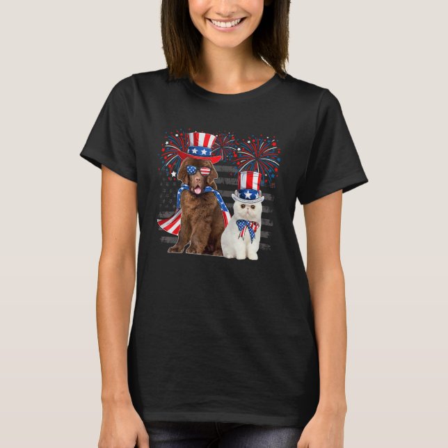 Camiseta Gato Com Óculos De Sol Newfoundland Bandeira Ameri (Frente)